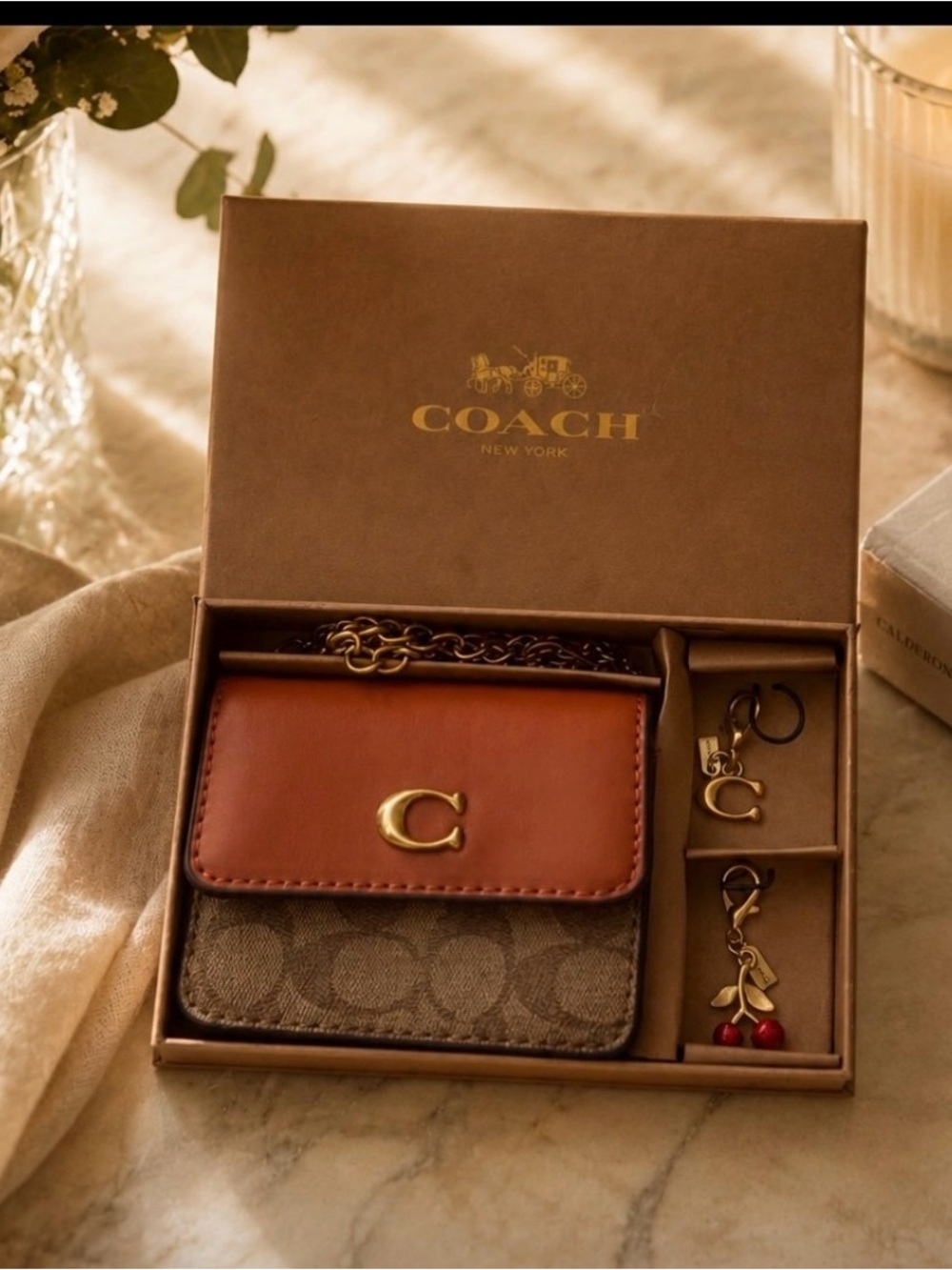 Coach Brown Leather & Signature Canvas Card Case with Gold 'C' Charm